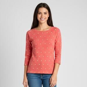 Onque Women's Polka Dot Knit Top Size Small Pink 3/4 Sleeve Crewneck 100% Cotton